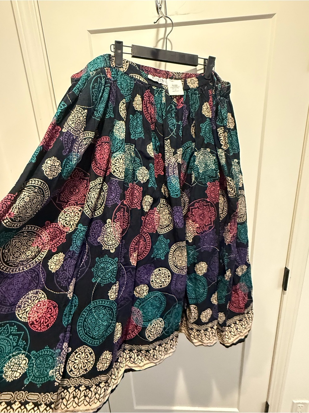 Victoria Jones Woman Bohemian Circle Skirt in Teal, Purple, Pink & Cream